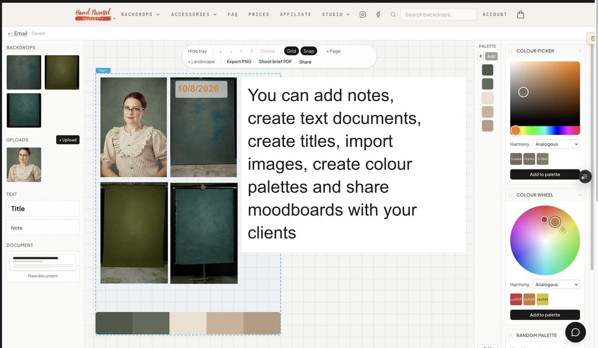 The moodboard studio: a board with portraits and real backdrops from the catalogue, an uploads tray, notes and a colour palette strip