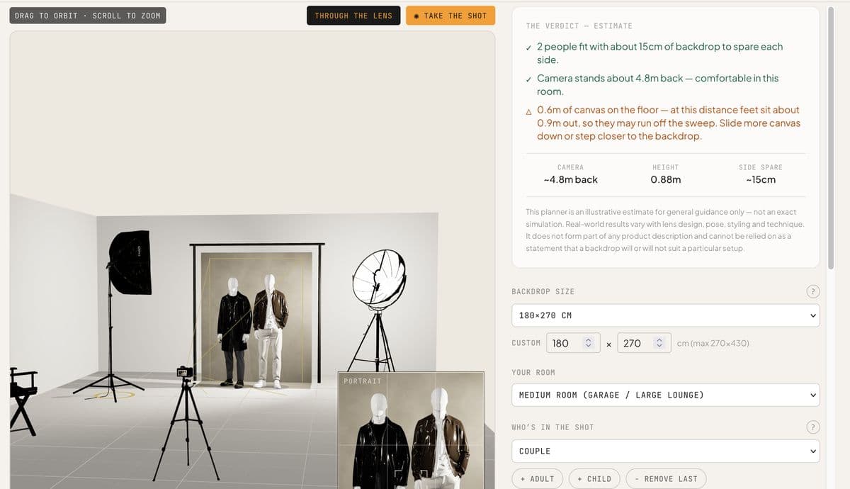 The 3D studio planner: a couple posed on a backdrop in a virtual room, with a verdict panel confirming the fit, camera distance and floor sweep